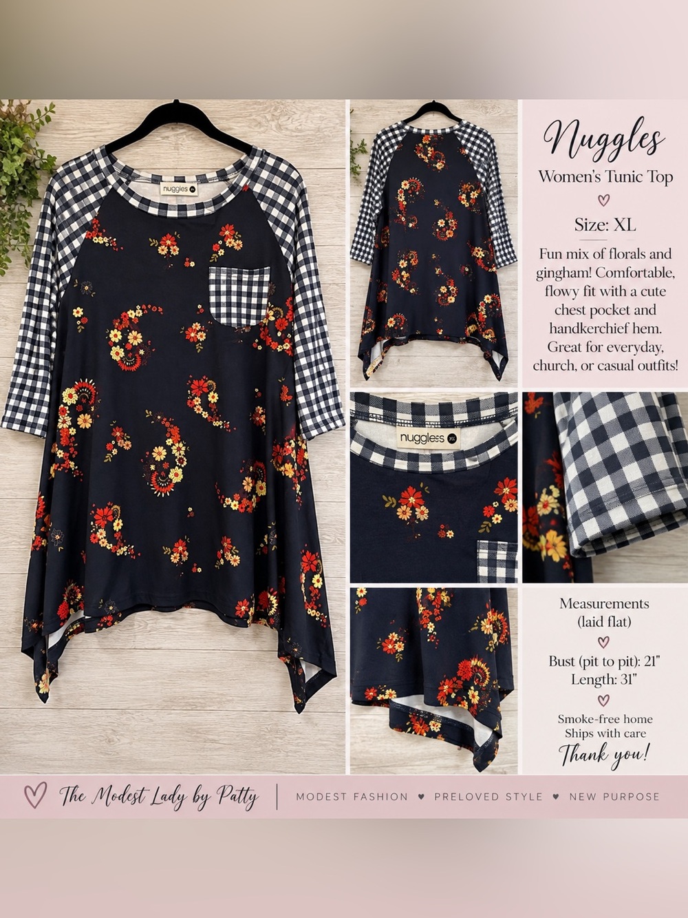 Nuggles XL Floral Gingham Tunic Top Navy Black Orange Boho Handkerchief Hem